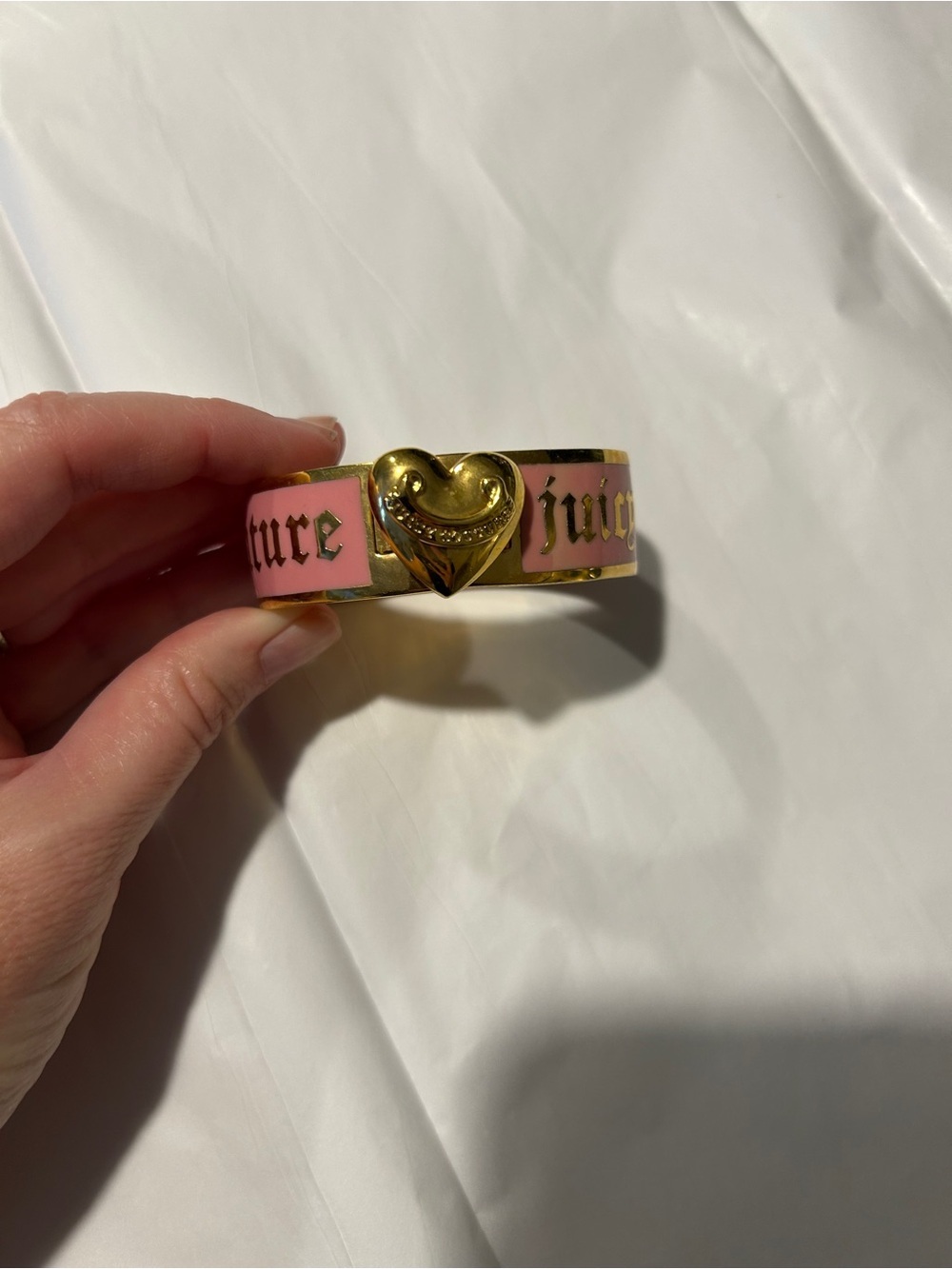 Juicy Couture Gold and Pink Heart Logo Cuff Bracelet